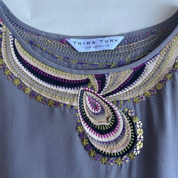 Trina Turk Silk Sheath Sleeveless Gray Leather Neck Embellishment Tunic Dress - Picture 12 of 14